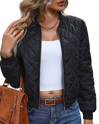 Brookmonts Women's Quilted Bomber Jacket – Zip-Front Diamond Stitch Coat
