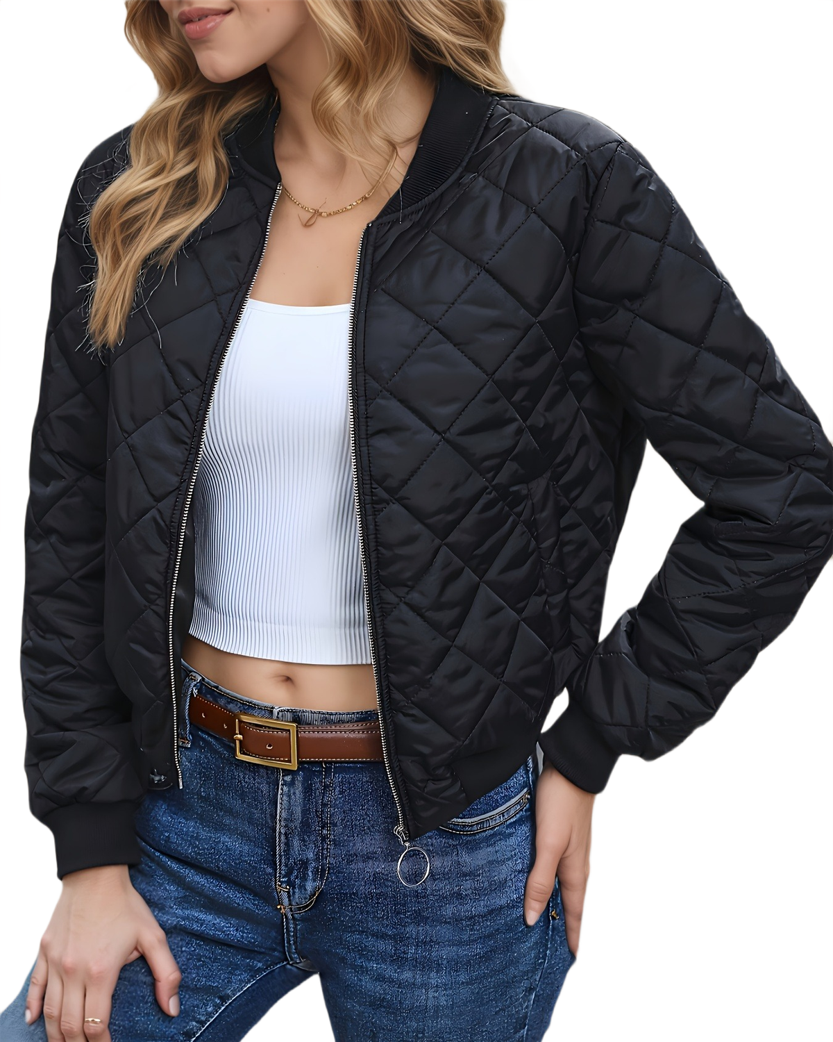 Brookmonts Women's Quilted Bomber Jacket – Zip-Front Diamond Stitch Coat