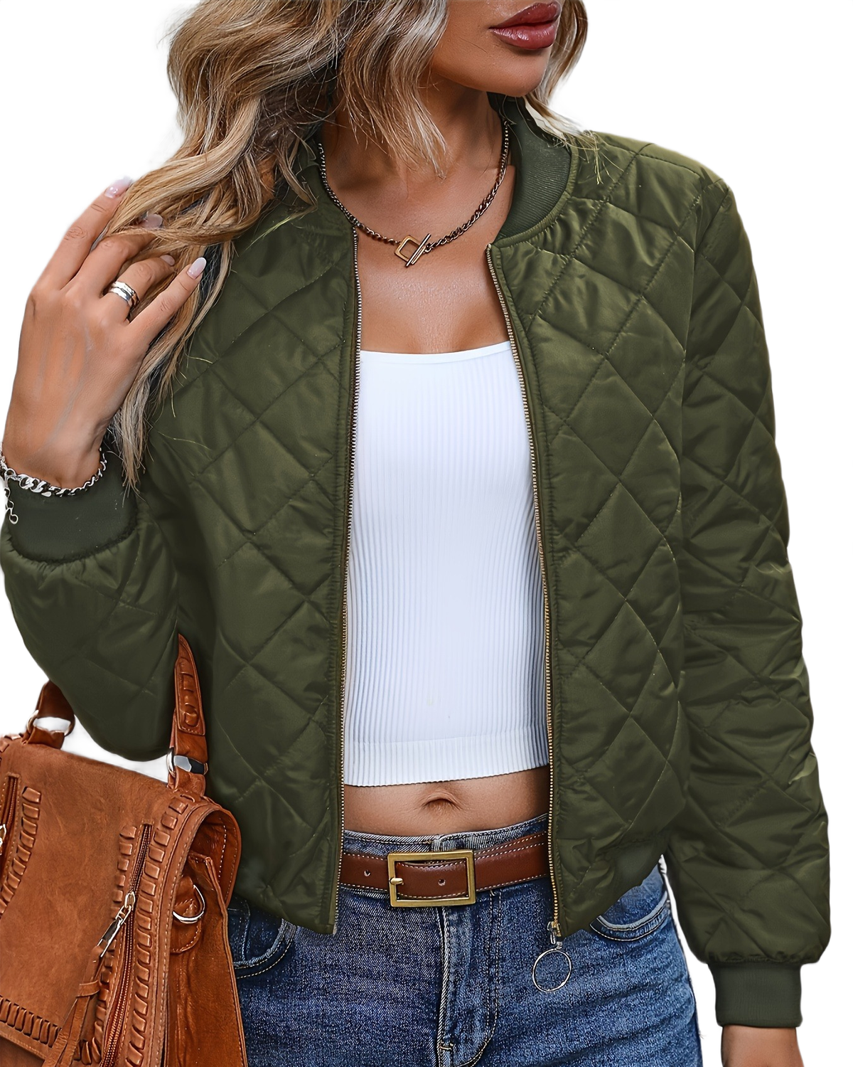 Brookmonts Women's Quilted Bomber Jacket – Zip-Front Diamond Stitch Coat