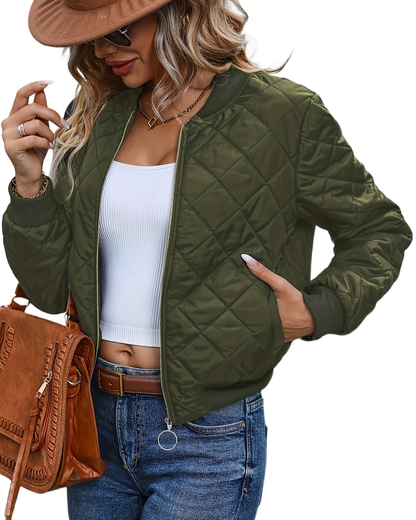 Brookmonts Women's Quilted Bomber Jacket – Zip-Front Diamond Stitch Coat
