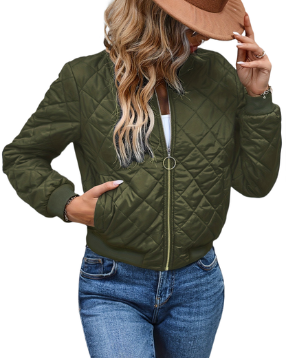 Brookmonts Women's Quilted Bomber Jacket – Zip-Front Diamond Stitch Coat