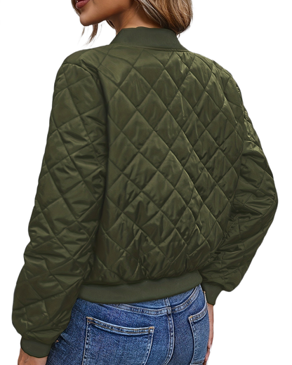 Brookmonts Women's Quilted Bomber Jacket – Zip-Front Diamond Stitch Coat