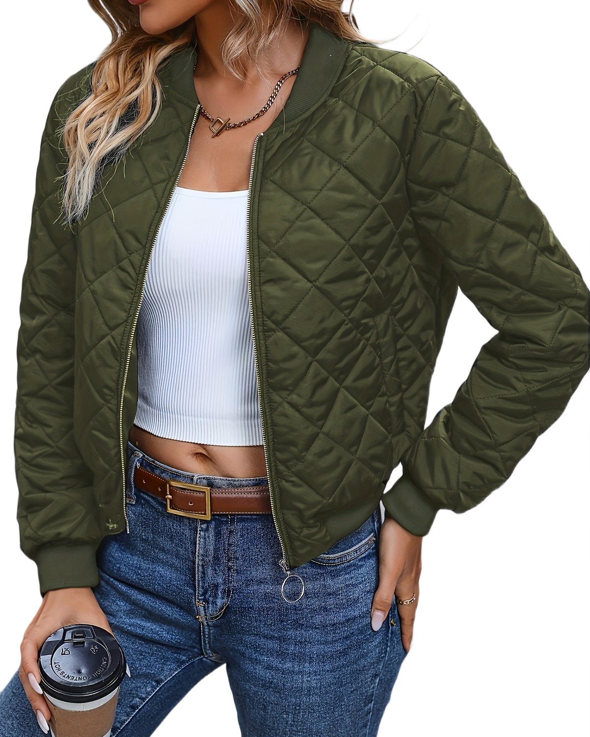 Brookmonts Women's Quilted Bomber Jacket – Zip-Front Diamond Stitch Coat