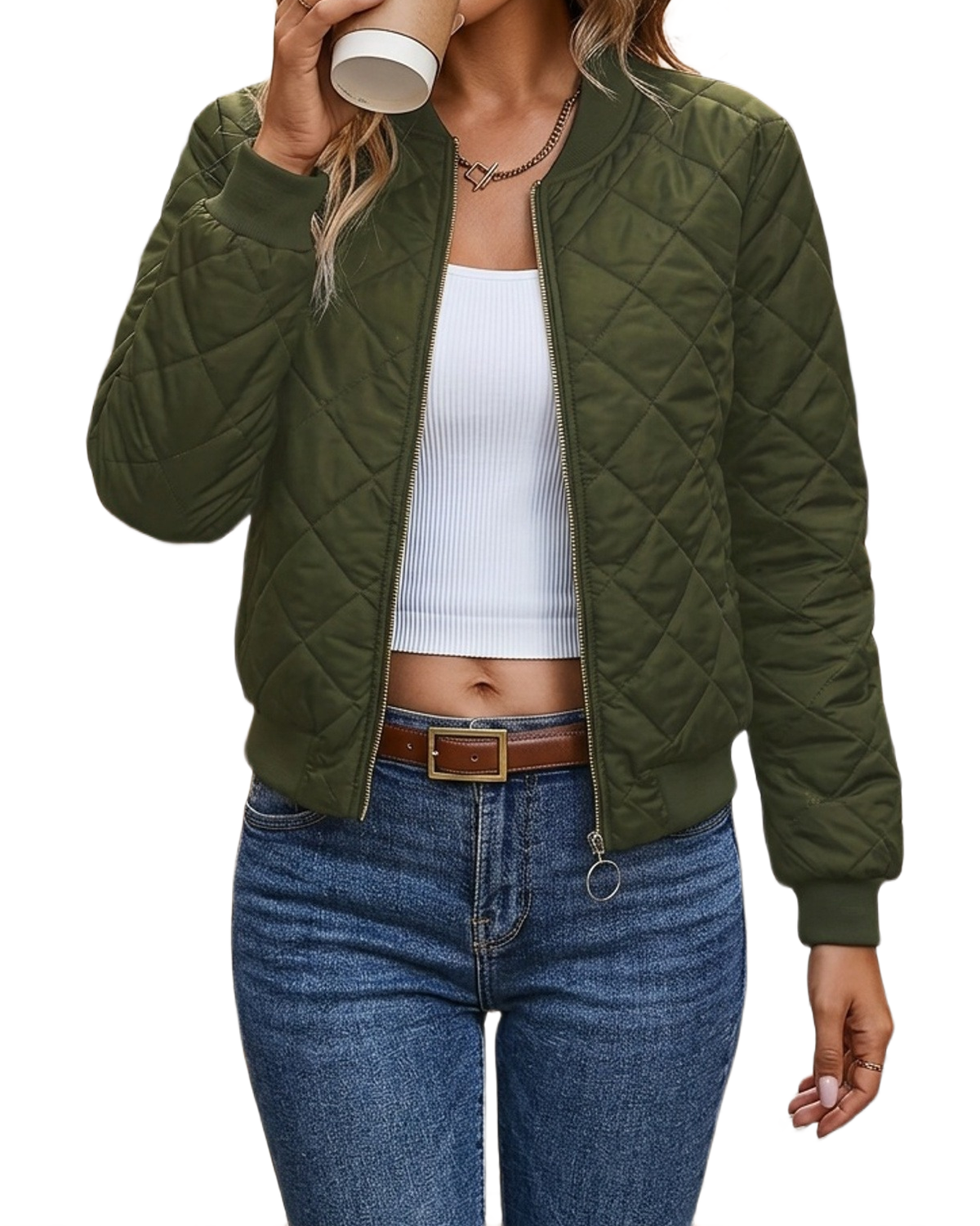 Brookmonts Women's Quilted Bomber Jacket – Zip-Front Diamond Stitch Coat