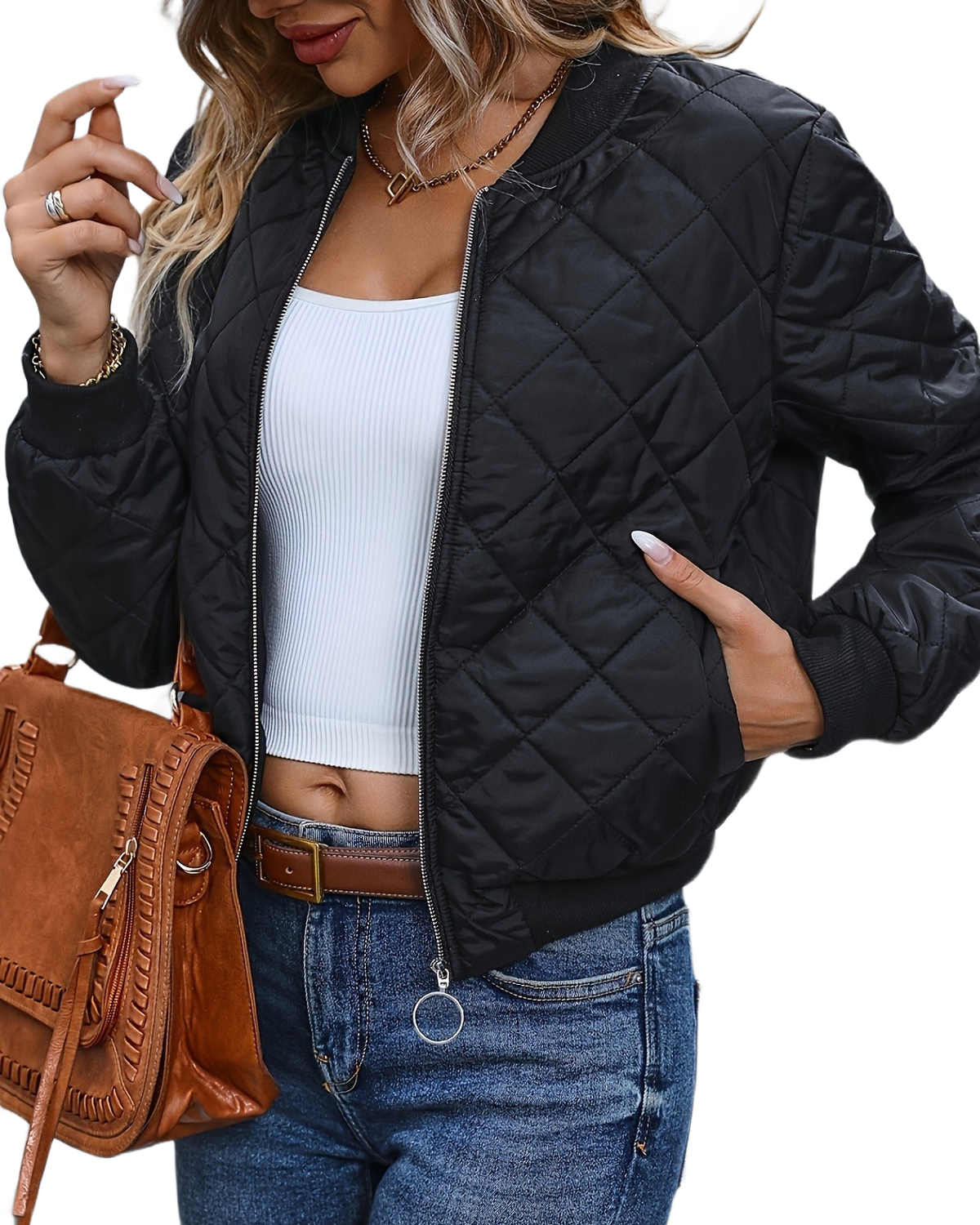 Brookmonts Women's Quilted Bomber Jacket – Zip-Front Diamond Stitch Coat