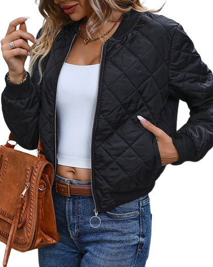 Brookmonts Women's Quilted Bomber Jacket – Zip-Front Diamond Stitch Coat