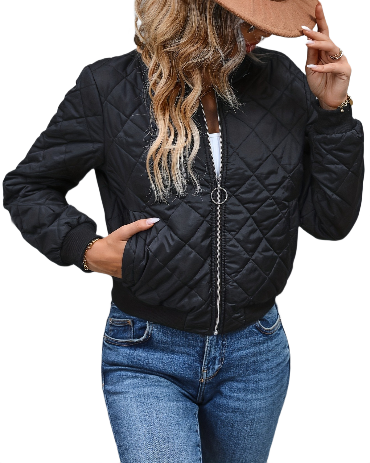 Brookmonts Women's Quilted Bomber Jacket – Zip-Front Diamond Stitch Coat