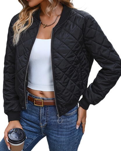 Brookmonts Women's Quilted Bomber Jacket – Zip-Front Diamond Stitch Coat