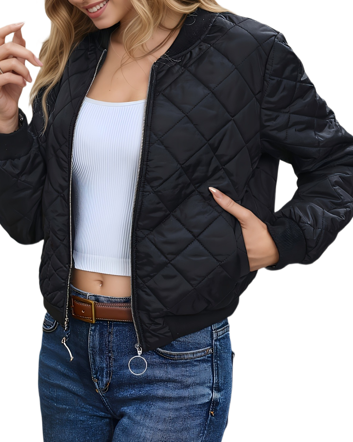 Brookmonts Women's Quilted Bomber Jacket – Zip-Front Diamond Stitch Coat