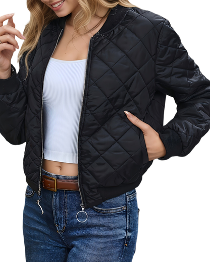 Brookmonts Women's Quilted Bomber Jacket – Zip-Front Diamond Stitch Coat