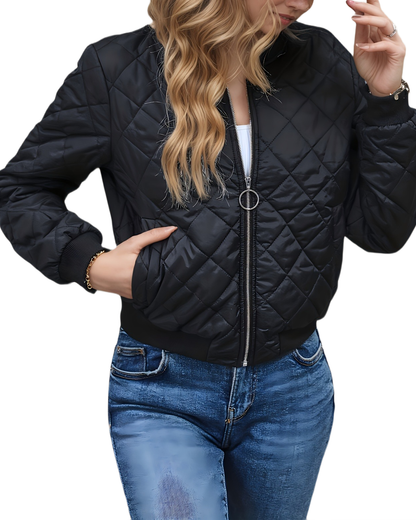 Brookmonts Women's Quilted Bomber Jacket – Zip-Front Diamond Stitch Coat
