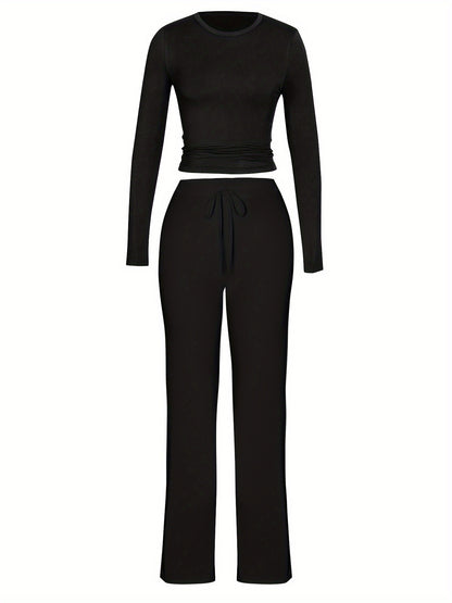 Brookmonts Women’s Ribbed Lounge Set – Long Sleeve Top & Drawstring Pants