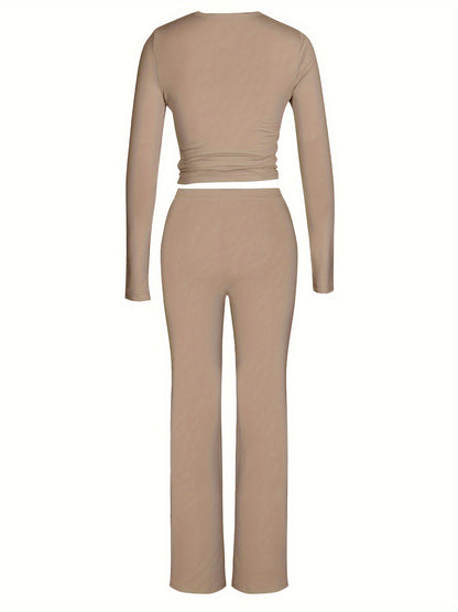 Brookmonts Women’s Ribbed Lounge Set – Long Sleeve Top & Drawstring Pants
