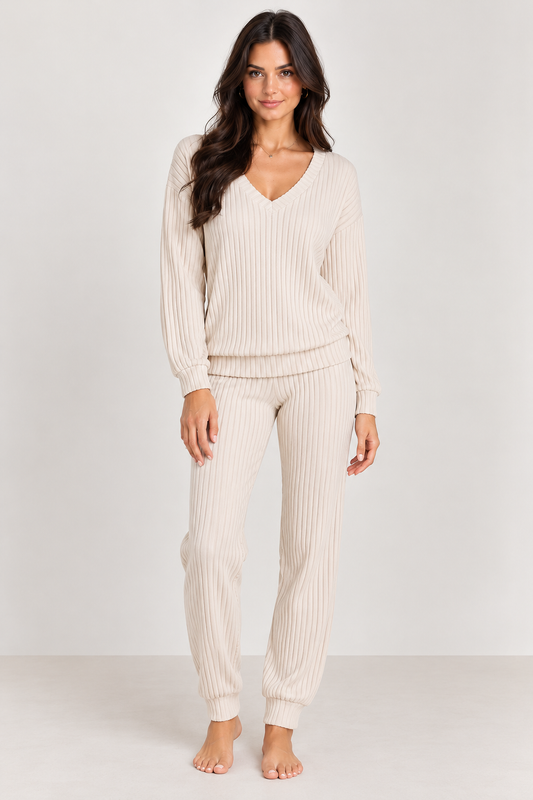 Brookmonts Women’s Ribbed Pajama Set – V-Neck Long Sleeve Loungewear