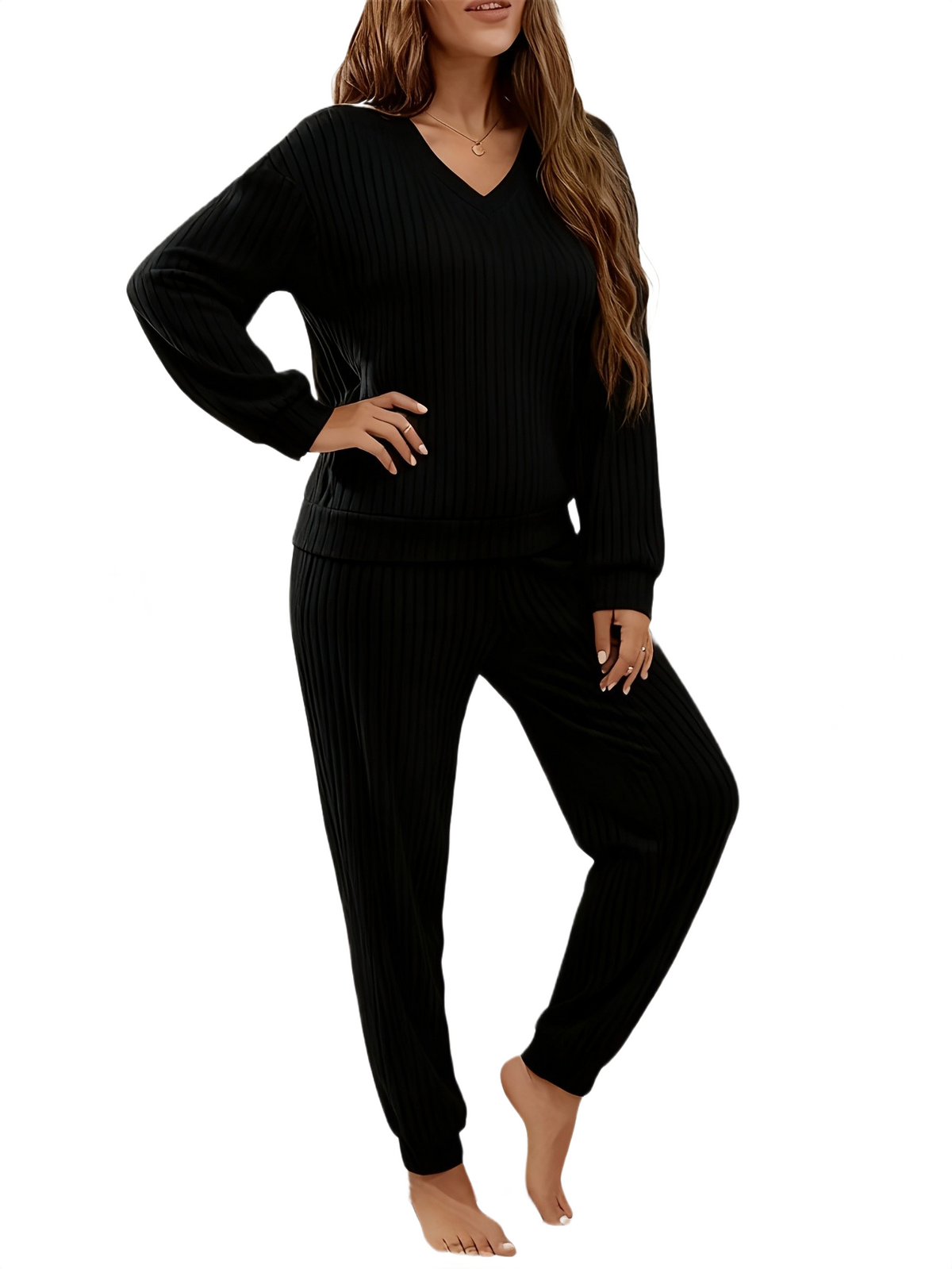 Brookmonts Women’s Ribbed Pajama Set – V-Neck Long Sleeve Loungewear