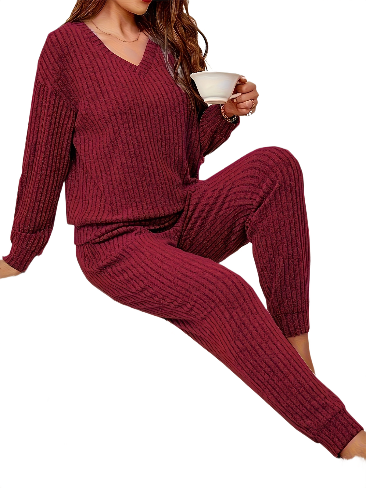 Brookmonts Women’s Ribbed Pajama Set – V-Neck Long Sleeve Loungewear