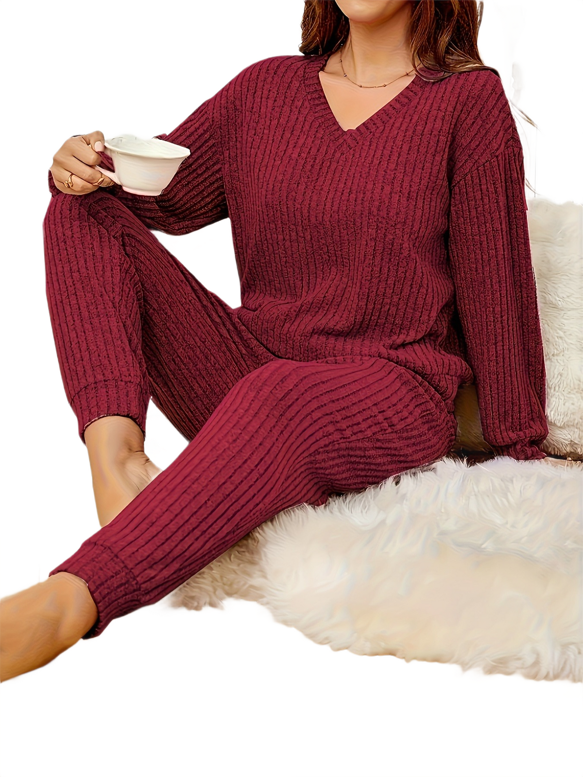 Brookmonts Women’s Ribbed Pajama Set – V-Neck Long Sleeve Loungewear