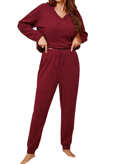 Brookmonts Women’s Ribbed Pajama Set – V-Neck Long Sleeve Loungewear