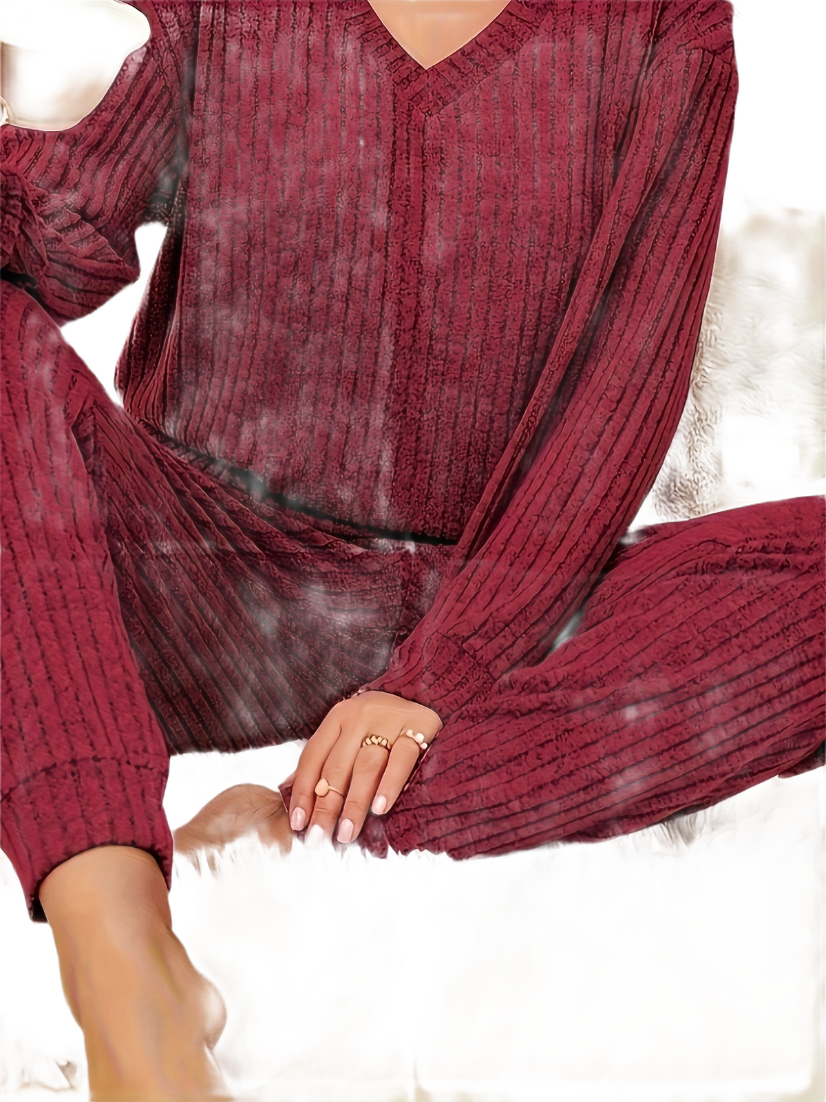 Brookmonts Women’s Ribbed Pajama Set – V-Neck Long Sleeve Loungewear