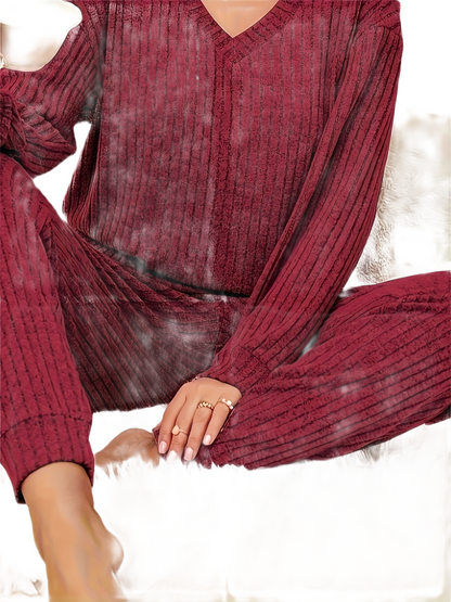 Brookmonts Women’s Ribbed Pajama Set – V-Neck Long Sleeve Loungewear