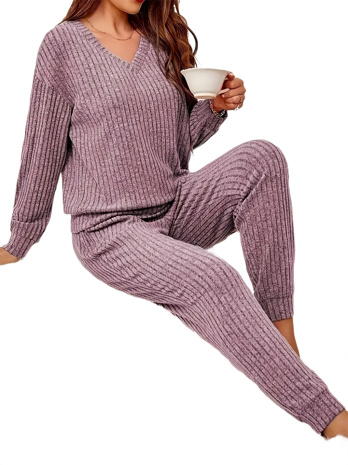 Brookmonts Women’s Ribbed Pajama Set – V-Neck Long Sleeve Loungewear