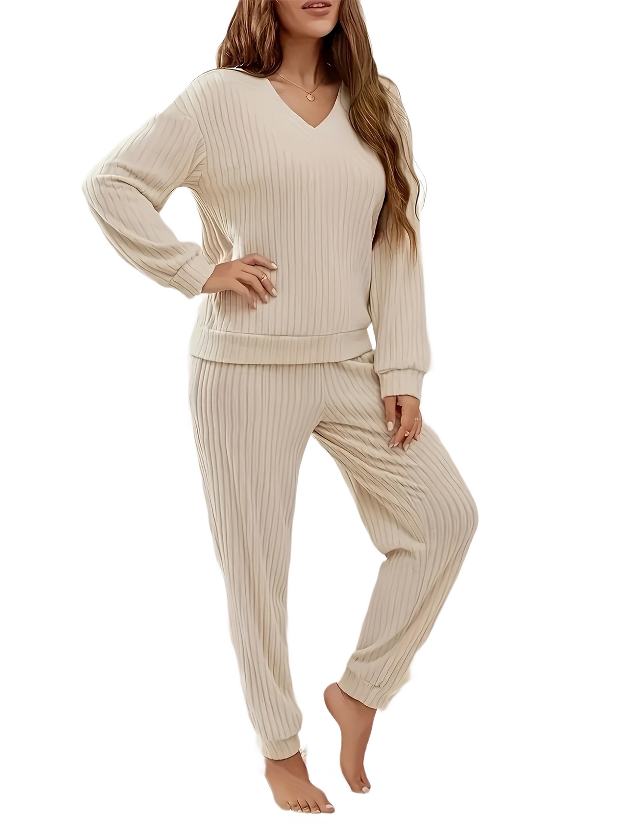 Brookmonts Women’s Ribbed Pajama Set – V-Neck Long Sleeve Loungewear