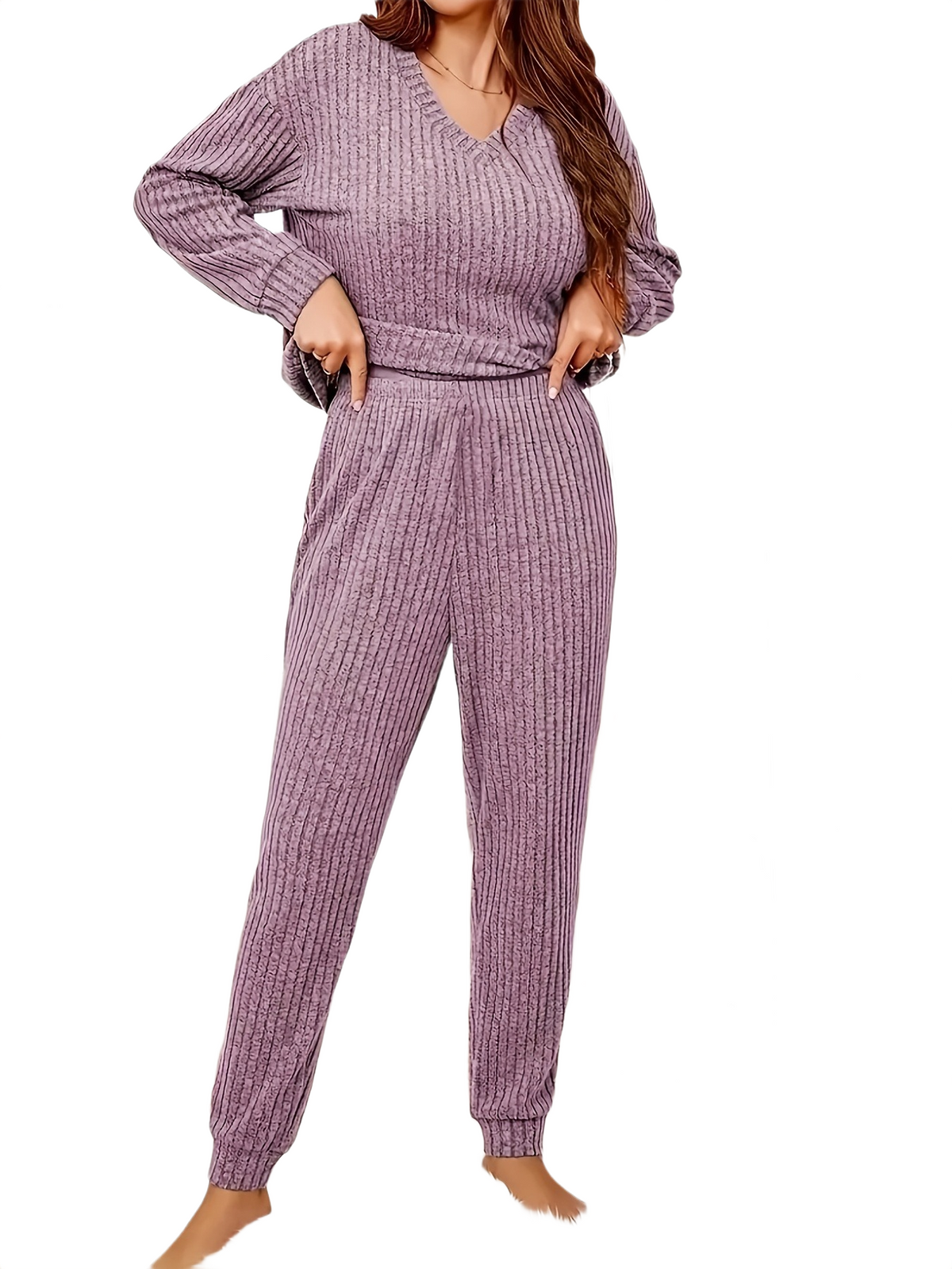 Brookmonts Women’s Ribbed Pajama Set – V-Neck Long Sleeve Loungewear