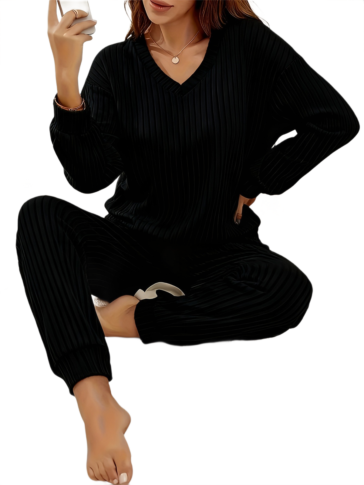 Brookmonts Women’s Ribbed Pajama Set – V-Neck Long Sleeve Loungewear