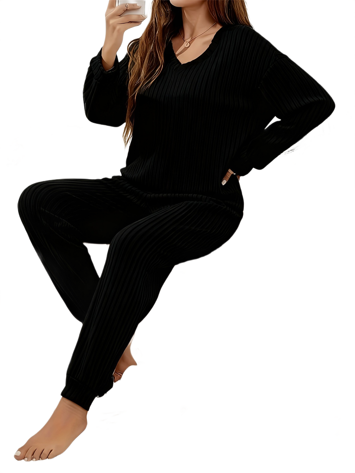 Brookmonts Women’s Ribbed Pajama Set – V-Neck Long Sleeve Loungewear