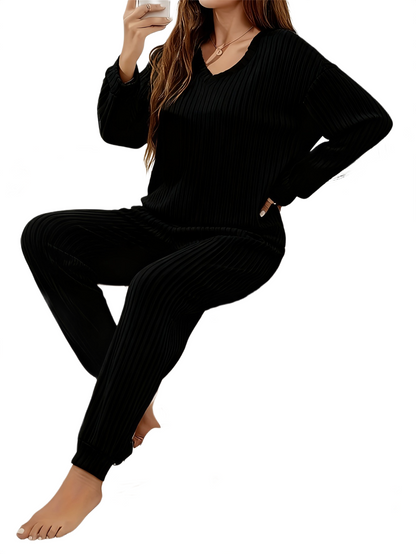Brookmonts Women’s Ribbed Pajama Set – V-Neck Long Sleeve Loungewear
