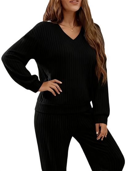 Brookmonts Women’s Ribbed Pajama Set – V-Neck Long Sleeve Loungewear