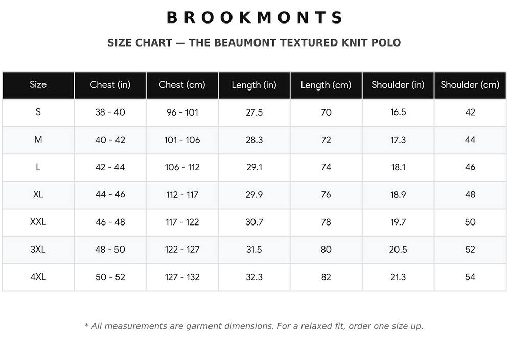 The Beaumont — Men's Textured Knit Polo Shirt Size Chart