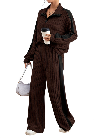 Women’s Ribbed Lounge Set – Long Sleeve Top & Wide-Leg Trousers