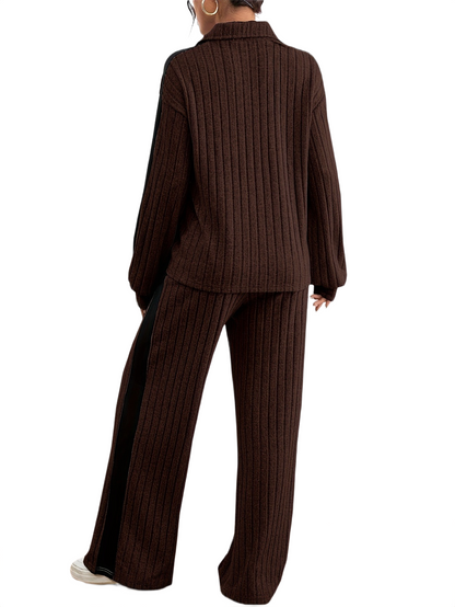 Women’s Ribbed Lounge Set – Long Sleeve Top & Wide-Leg Trousers