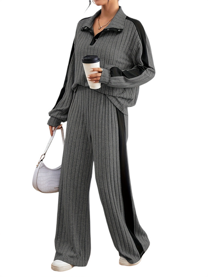 Women’s Ribbed Lounge Set – Long Sleeve Top & Wide-Leg Trousers