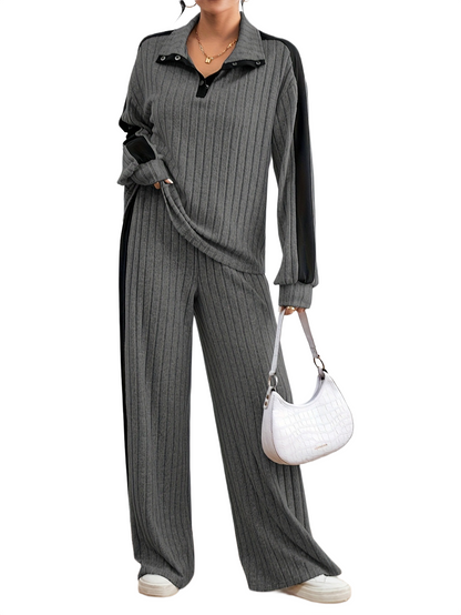 Women’s Ribbed Lounge Set – Long Sleeve Top & Wide-Leg Trousers