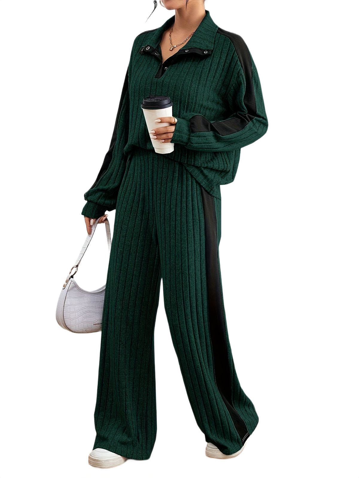 Women’s Ribbed Lounge Set – Long Sleeve Top & Wide-Leg Trousers