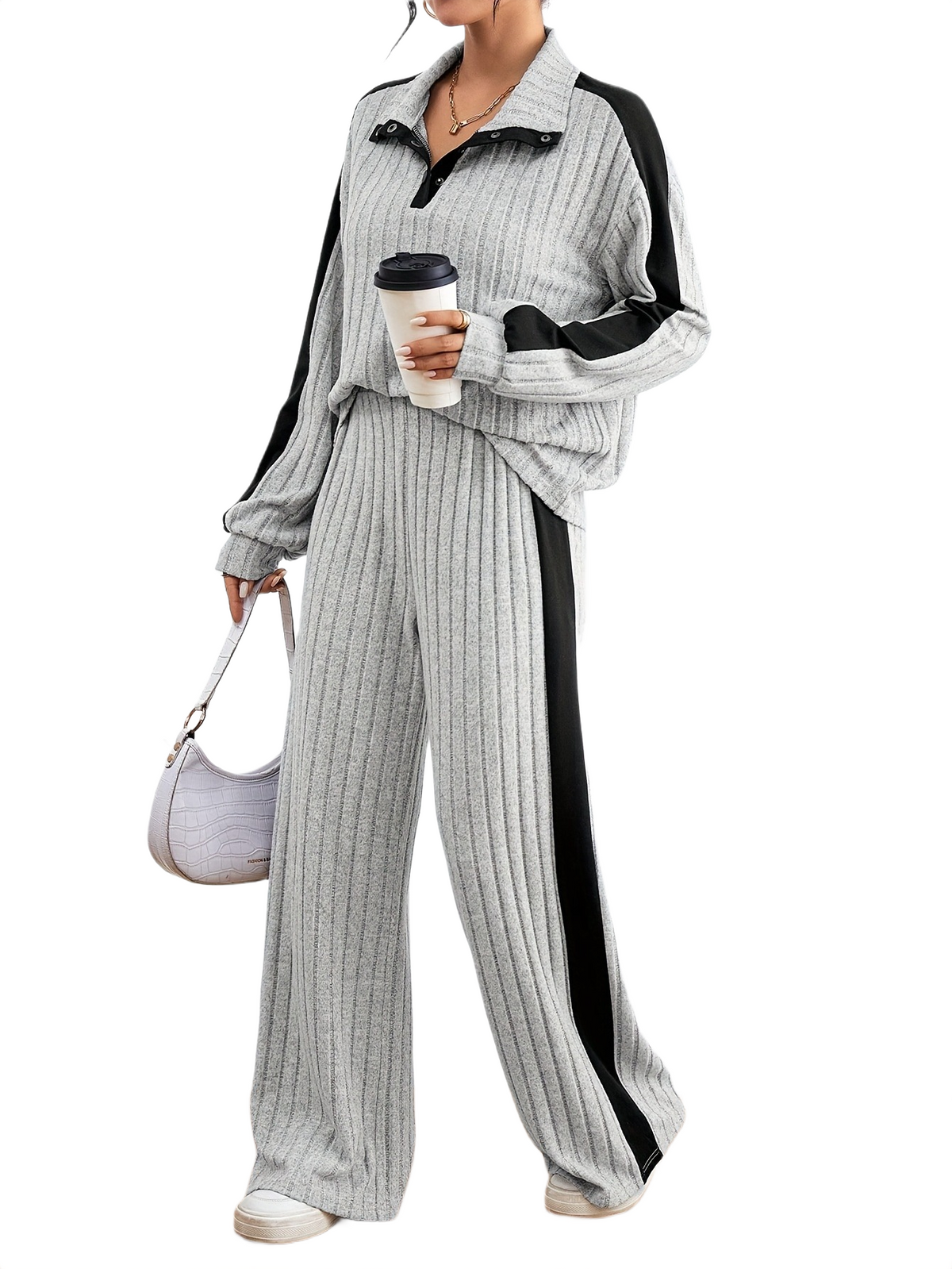 Women’s Ribbed Lounge Set – Long Sleeve Top & Wide-Leg Trousers