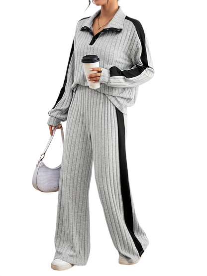 Women’s Ribbed Lounge Set – Long Sleeve Top & Wide-Leg Trousers
