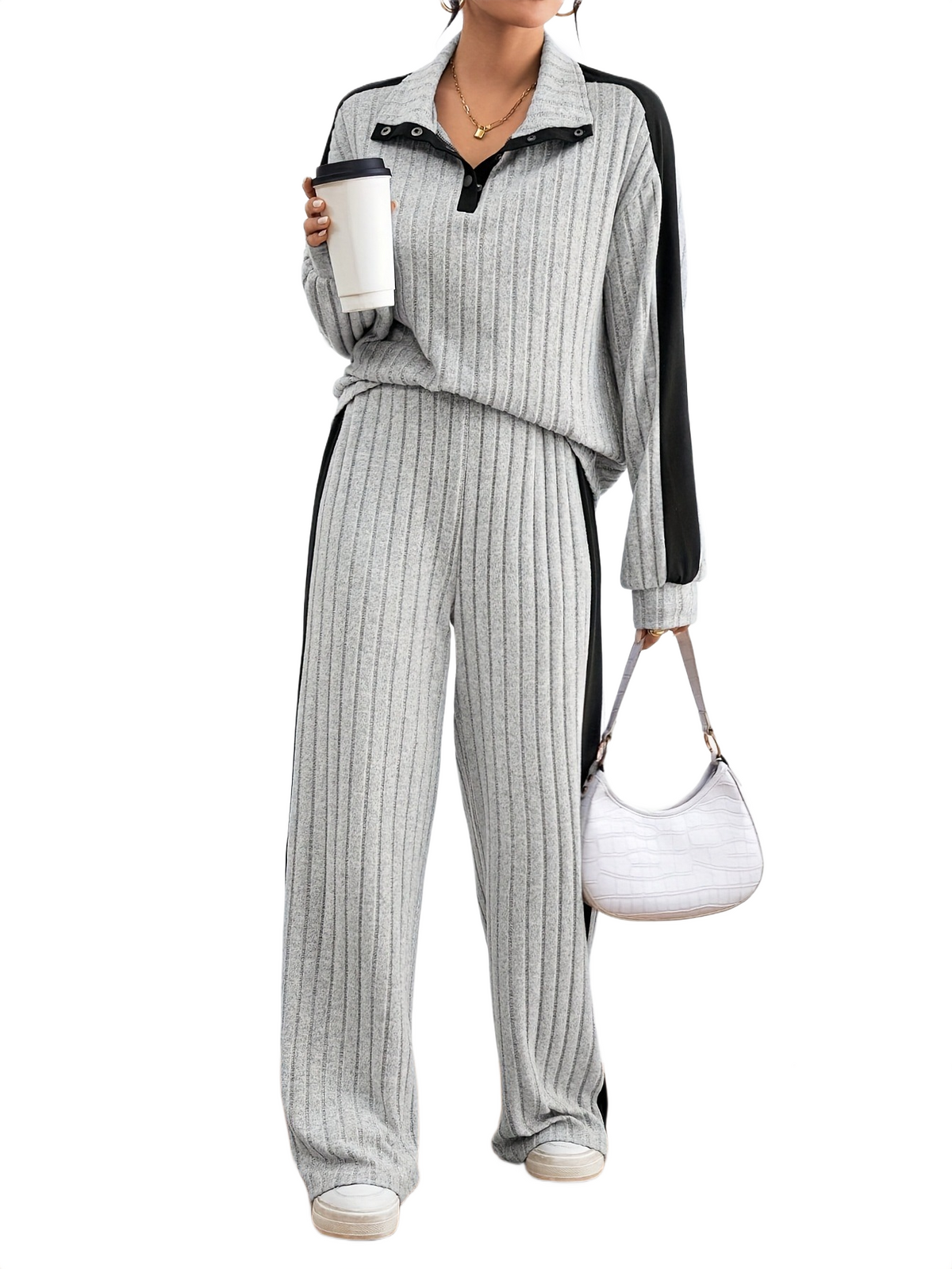 Women’s Ribbed Lounge Set – Long Sleeve Top & Wide-Leg Trousers