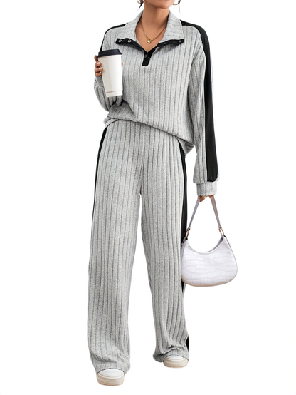 Women’s Ribbed Lounge Set – Long Sleeve Top & Wide-Leg Trousers