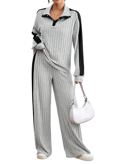 Women’s Ribbed Lounge Set – Long Sleeve Top & Wide-Leg Trousers