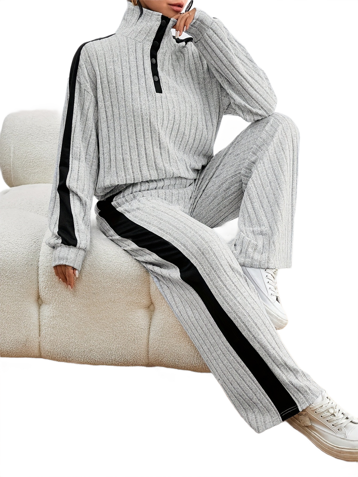 Women’s Ribbed Lounge Set – Long Sleeve Top & Wide-Leg Trousers