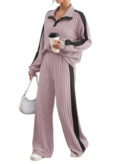 Women’s Ribbed Lounge Set – Long Sleeve Top & Wide-Leg Trousers
