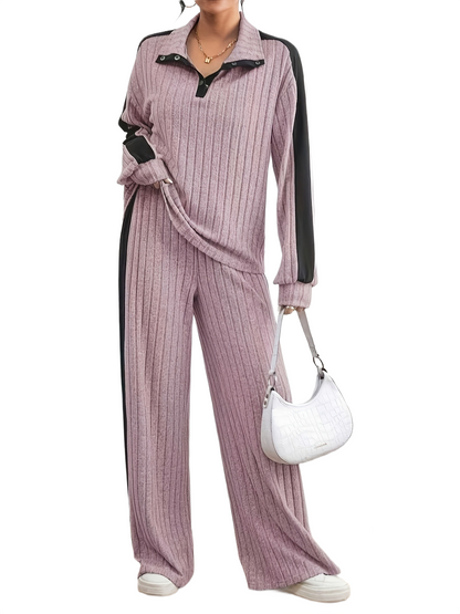 Women’s Ribbed Lounge Set – Long Sleeve Top & Wide-Leg Trousers