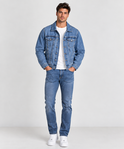 Men’s Blue Denim Jacket – Casual Multi-Pocket Streetwear