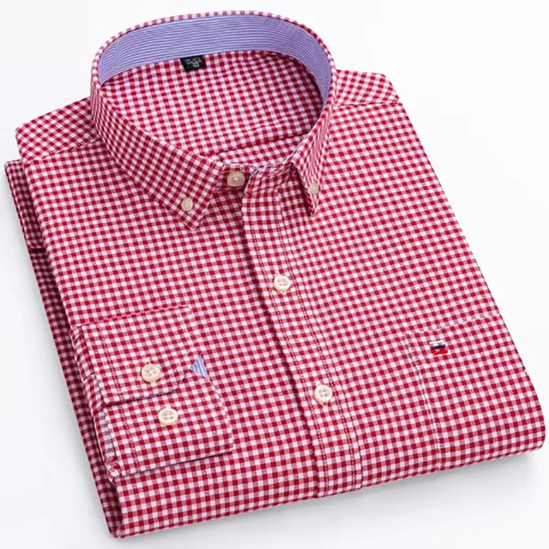 Brookmonts Men’s Oxford Shirt – Cotton Long Sleeve Plaid Button Down