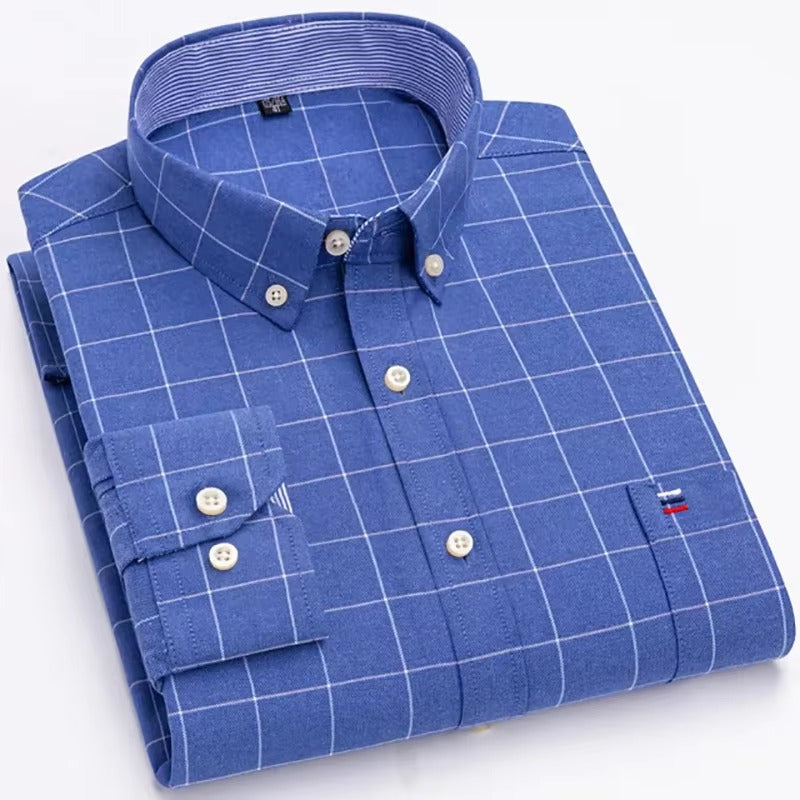 Brookmonts Men’s Oxford Shirt – Cotton Long Sleeve Plaid Button Down