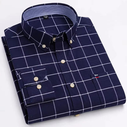 Brookmonts Men’s Oxford Shirt – Cotton Long Sleeve Plaid Button Down