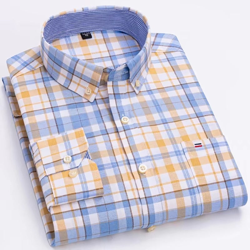 Brookmonts Men’s Oxford Shirt – Cotton Long Sleeve Plaid Button Down